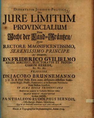 Diss. iur. polit. de iure limitum provincialium, vom Recht der Land-Gräntzen