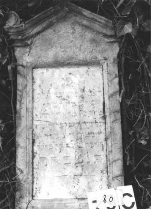 Grabstein 76 (Index: 99805341) Material: Sandstein, weiße Marmorplatte Zustand: verwittert, obere Schriftplatte quer gesprungen, untere entfernt Maße HxBxT: 142x41x25 cm Beschreibung: Stele, getreppter Sockel, giebelartiger Abschluß mit Verdachung und Eckakroteren, Schriftplatte: Grabstein 76 (Detailaufnahme)