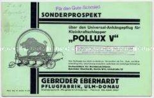 Sonderprospekt über den Universal-Abhängepflug für Kleinkraftschlepper "Pollux V"