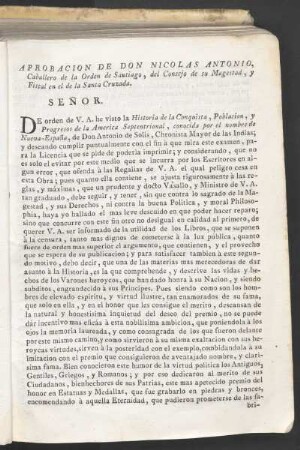 Aprobación de Don Nicolás Antonio