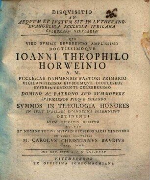 Disquisitio an aequum et iustum sit in lutherano-evangelica ecclesia iubilaea celebrare secularia?