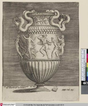 [Antike Vase mit zwei aus an den Enden zusammengewachsenen Schlangen gebildeten Henkeln und tanzenden Figuren]