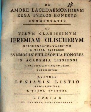 De amore Lacedaemoniorum erga pueros honesto commentatio