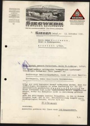 Firmenbriefkopf Siegwerk Gebr. Schuppener, Metallwarenfabrik und Emaillierwerk