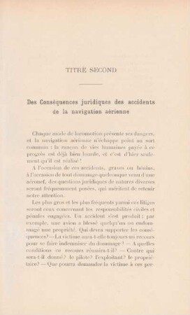 Titre second. Des Conséquences juridiques des accidents de la navigation aérienne