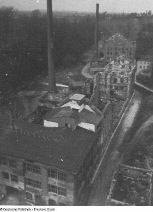 Bautzen. Zerstörte Bautzner Tuchfabrik AG. Blick von der Alten Wasserkunst