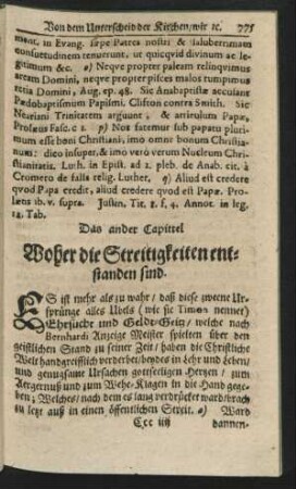 Das ander Capittel. Woher die Streitigkeiten entstanden sind.