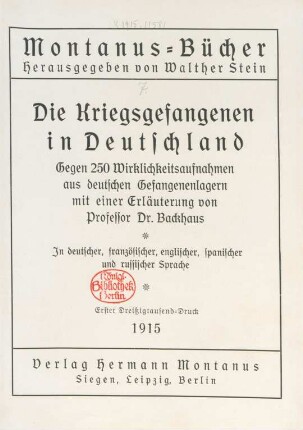 Die Kriegsgefangenen in Deutschland : gegen 250 Wirklichkeitsaufnahmen aus deutschen Gefangenenlagern