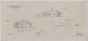 Gsaenger, Gustav; Tegernsee (Bayern); Landhaus Dr. Jamin - Plan Nr. 994 ⅓, Bauanlagen (Lageplan), Ostseite (Ansicht), Schnitt