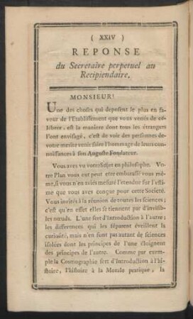Reponse du Secretaire perpetuel au Recipiendaire