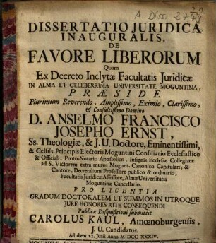 Dissertatio Iuridica Inauguralis De Favore Liberorum