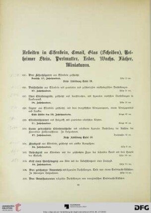 Arbeiten in Elfenbein, Email, Glas (Scheiben), Kehlheimer Stein, Perlmutter, Leder, Wachs, Fächer, Miniaturen (Nr. 495-570a)