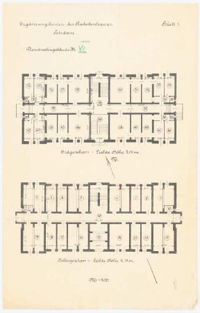 Kadettenhaus der Garnison Potsdam Ergänzungsbauten: Dienstwohngebäude Nr. 6: Grundriss Keller, Erdgeschoss 1:200