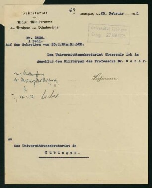 Schreiben bezügl. Militärpass (25.02.1925)