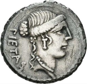 Denar des D. Iunius Brutus Albinus mit Darstellung eines Handschlags