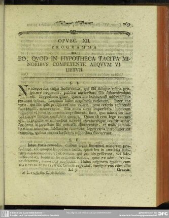 Opusc. XII. Programma De Eo, Quod In Hypotheca Tacita Minoribus Competente Aequum Videtur