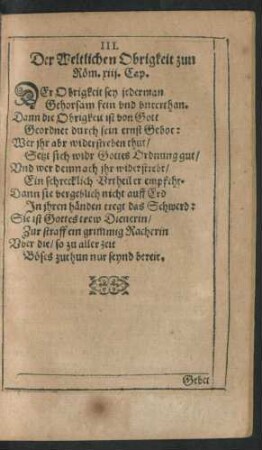III. Der Weltlichen Obrigkeit zun Röm. xiii. Cap.