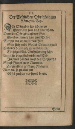 III. Der Weltlichen Obrigkeit zun Röm. xiii. Cap.