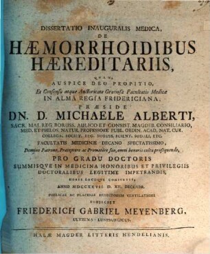 Dissertatio Inauguralis Medica, De Haemorrhoidibus Haereditariis