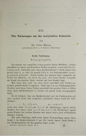 XVI. Vier Vorlesungen aus der analytischen Geometrie.