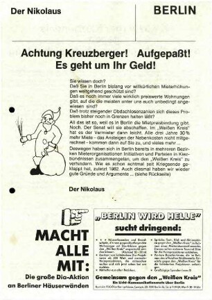 Flugschrift: Achtung Kreuzberger! Aufgepaßt! Es geht um Ihr Geld!
