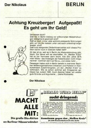 Flugschrift: Achtung Kreuzberger!               Aufgepaßt! Es geht um Ihr Geld!