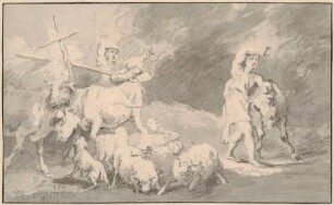Zwei Hirten mit ihrer Rinder- und Schafherde im Sturm