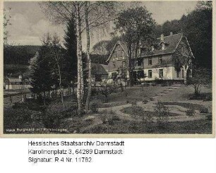 Mühltal bei Darmstadt-Eberstadt, Waldmühle (Haus Burgwald) in der Mordach / Ansicht mit Parkanlage