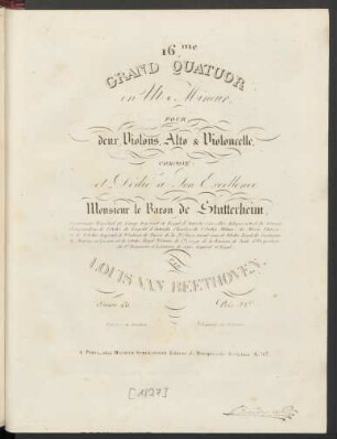 16me Grand Quatuor en Ut♯ Mineur, Pour deux Violons, Alto, & Violoncelle : Œuvre 131.
