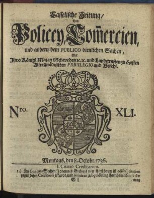 Nro. XLI, Montags, den 8. Octobr 1736