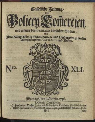 Nro. XLI, Montags, den 8. Octobr 1736