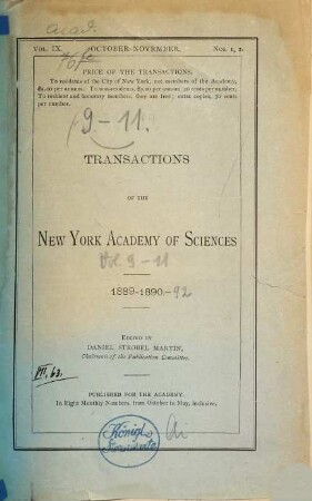 Transactions of the New York Academy of Sciences. 9. 1889/90