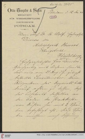 Briefe von Otto Toepfer an Max Wolf: Brief von Otto Toepfer von Werkstätten für Wissenschaftliche Instrumente Otto Toepfer & Sohn (Potsdam) an Max Wolf