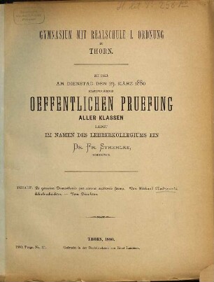 Zu der ... stattfindenden öffentlichen Prüfung aller Klassen ladet im Namen des Lehrerkollegiums ein. 1879/80