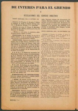De interés para el gremio : Resoluciónes del Consejo Directivo - Sesion ordinaria del 19 octubre 1945