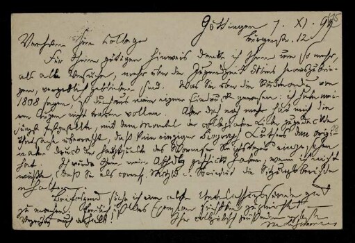 Nr. 15 Postkarte von Max Lehmann an Edward Schröder. Göttingen, 7.11.1899