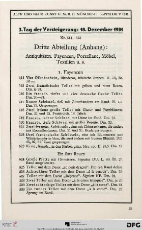 Dritte Abteilung: Antiquitäten, Fayencen, Porzellane, Möbel, Textilien (Nr. 514-675)