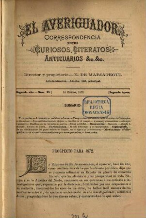 El Averiguador : correspondencia entre curiosos, literatos, anticuarios &c. 1872 = Tomo 2