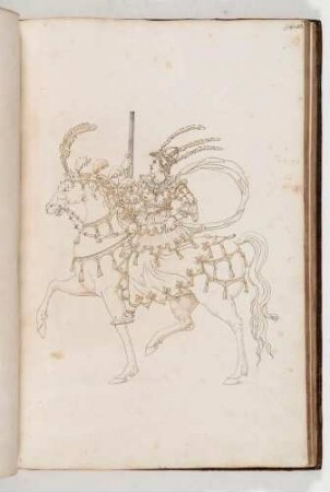 Kriegerin mit Speer auf einem trabenden Pferd, in: Equestrium statuarum [...] formae [...] artificiosissime pictis, Bl. 55