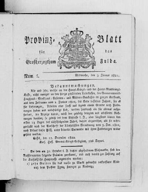 Num. 1, Ausgabe vom 3. Januar 1821