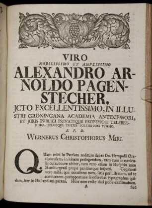 Viro Nobilissiomo Et Amplissimo Alexandro Arnoldo Pagenstecher, ...