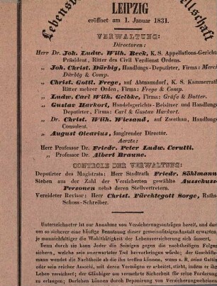 Lebensversicherungs-Gesellschaft zu Leipzig eröffnet 1. Jan. 1831