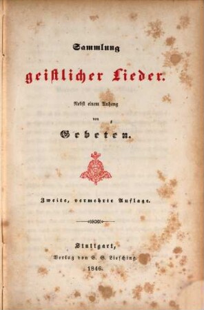 Sammlung geistlicher Lieder : Nebst einem Anhang v. Gebeten