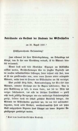 Antrittsrede als Vorstand der Akademie der Wissenschaften am 25. August 1827