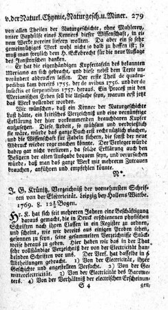 Verzeichniß der vornehmsten Schriften von der Electricität.