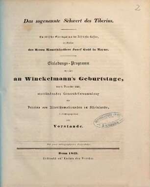 Das sogenannte Schwert des Tiberius : Ein römischer Ehrendegen aus der Zeit dieses Kaisers im Besitze des Herrn Kunsthändlers Josef Gold in Maynz