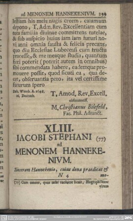 XLIII. Iacobi Stephani ad Menonem Hannekenium
