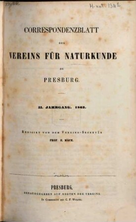 Correspondenzblatt des Vereins für Naturkunde zu Presburg, 1863 = Jg. 2