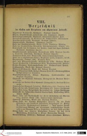 VIII. Verzeichniß der Cassen und Recepturen von allgemeinem Interesse.