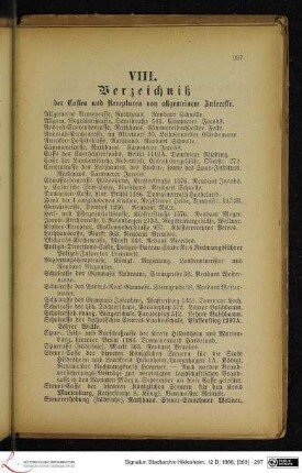 VIII. Verzeichniß der Cassen und Recepturen von allgemeinem Interesse.
